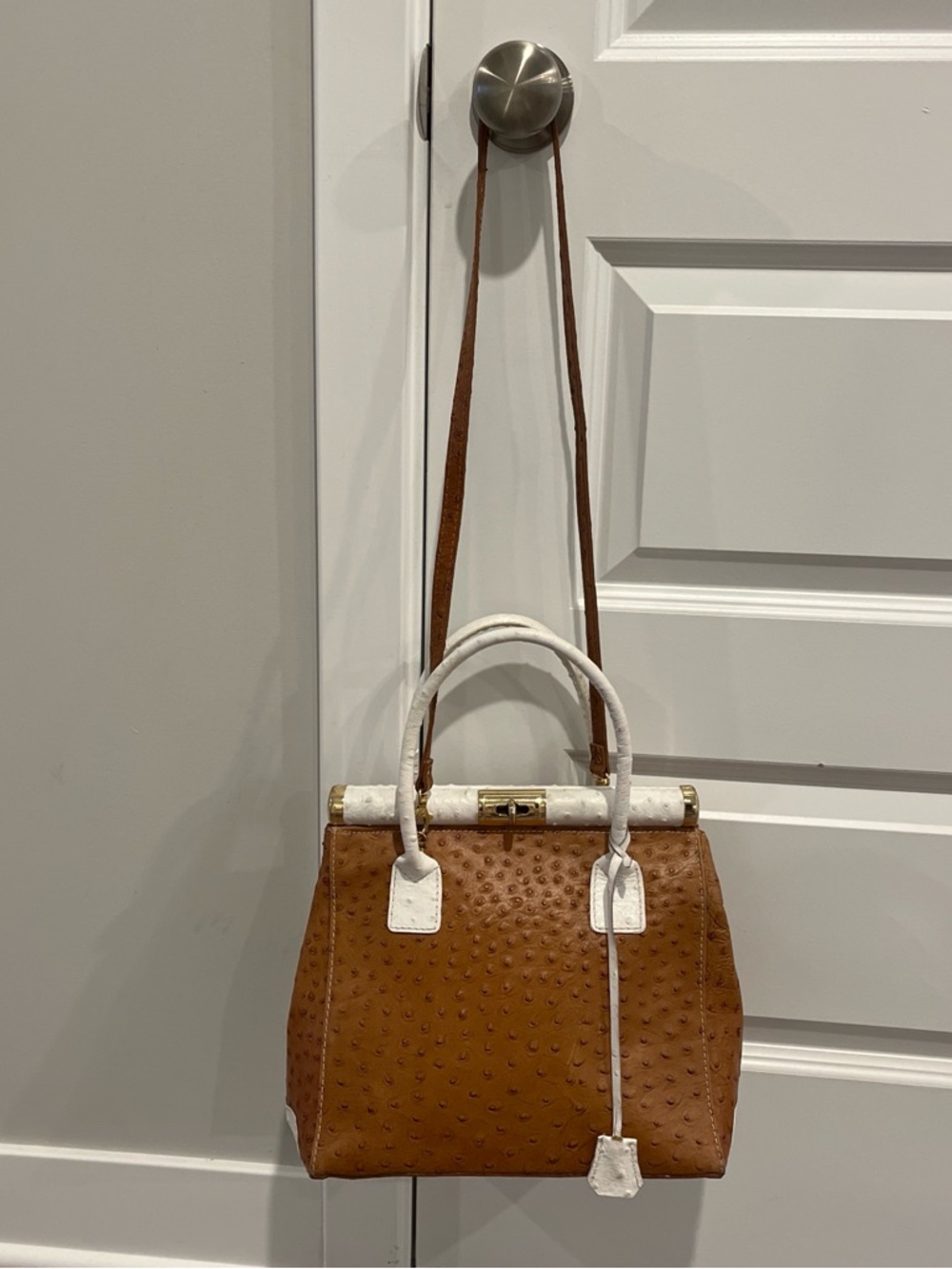 Tan and White Structured Satchel with Top Handle- Genuine Leather